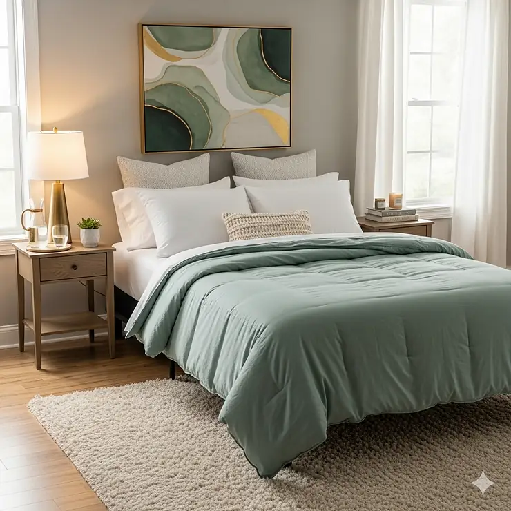 A beautiful and inviting bedroom featuring a high-quality short queen mattress with a cozy comforter and plush pillows.