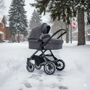Durable full size stroller with large wheels navigating a snowy sidewalk in a Canadian winter.