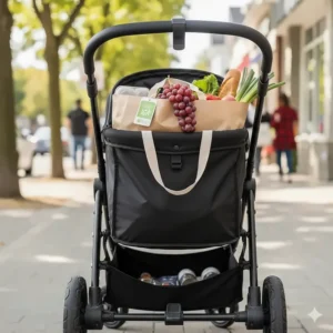 Close-up of a full size stroller's large storage basket filled with grocery bags from a Canadian market.