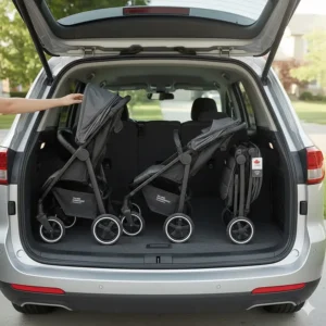 Diagram showing how a full size stroller folds compactly to fit into the trunk of a standard SUV in Canada.