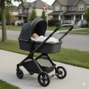 Illustration of a full size stroller with a bassinet attachment, ideal for newborns in Canadian suburbs.