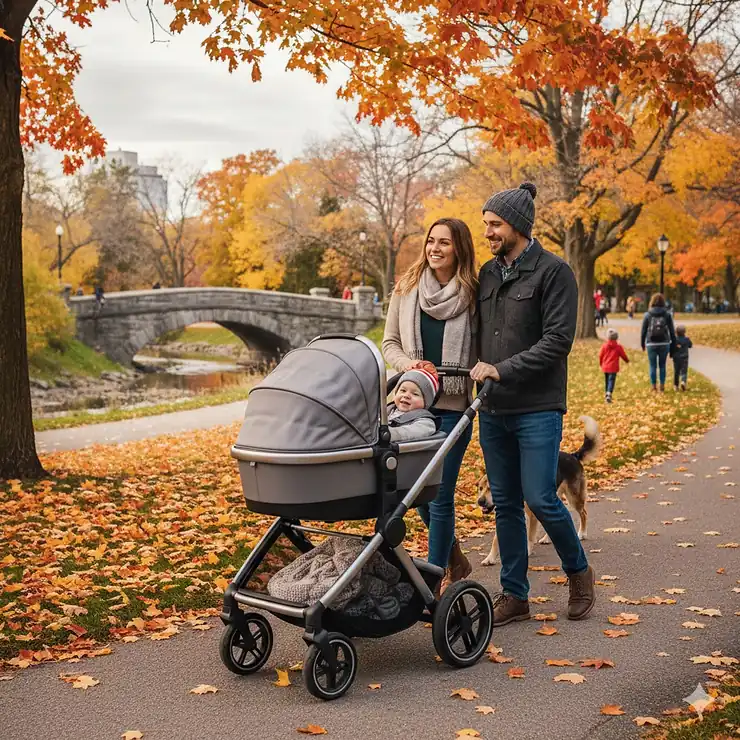 A family pushing a premium full size stroller through a scenic Canadian park in autumn with maple leaves.