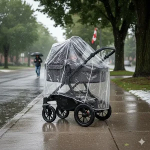 A full size stroller equipped with a protective rain and wind shield for unpredictable Canadian weather.