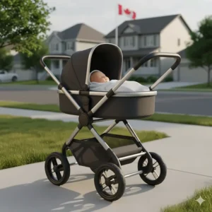 Detailed view of the sturdy aluminum frame of a full size stroller designed for Canadian terrain.