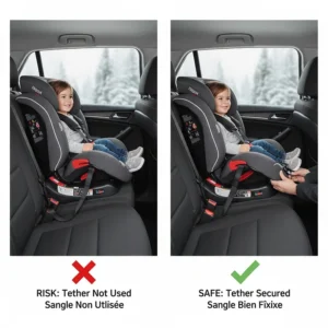 Illustration highlighting the correct use of a top tether strap for forward-facing 3-in-1 car seats in a Canadian vehicle.