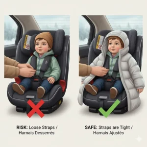Diagram illustrating how to properly secure a child in a 3-in-1 car seat without bulky winter coats for maximum safety.