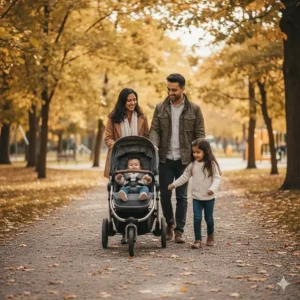 A diverse Canadian family enjoying a walk with an all-terrain stroller for gravel paths in a suburban wooded park.