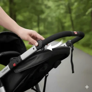 Illustration of an adjustable handlebar on a jogging stroller to accommodate runners of different heights.