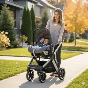 A 3-in-1 baby travel system stroller under 500 dollars showing a compatible infant car seat safely clicked into the frame, meeting Canadian safety standards.