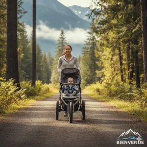A three-wheel jogging stroller with suspension being used on a groomed multi-use trail in British Columbia.