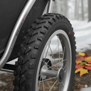 Close-up of air-filled rubber tires on a jogging stroller suitable for gravel paths and light snow in Canada.