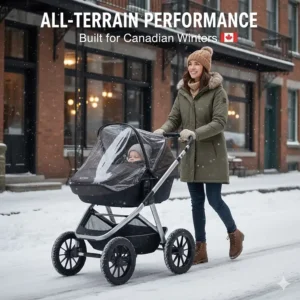 High-profile jogging stroller with large all-terrain wheels navigating a snowy Montreal sidewalk in winter.