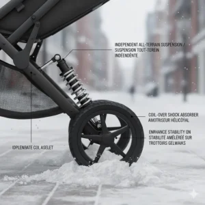 Diagram showing the advanced suspension system of a stroller for Canadian winter, highlighting stability on uneven, frozen sidewalks.