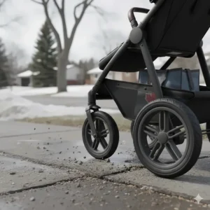 Close-up illustration of all-terrain wheels on a travel system designed for rugged Canadian landscapes and snowy sidewalks.