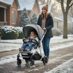 A durable all-terrain stroller under 500 dollars with rugged wheels navigating a lightly snow-covered sidewalk in a Canadian residential neighborhood.