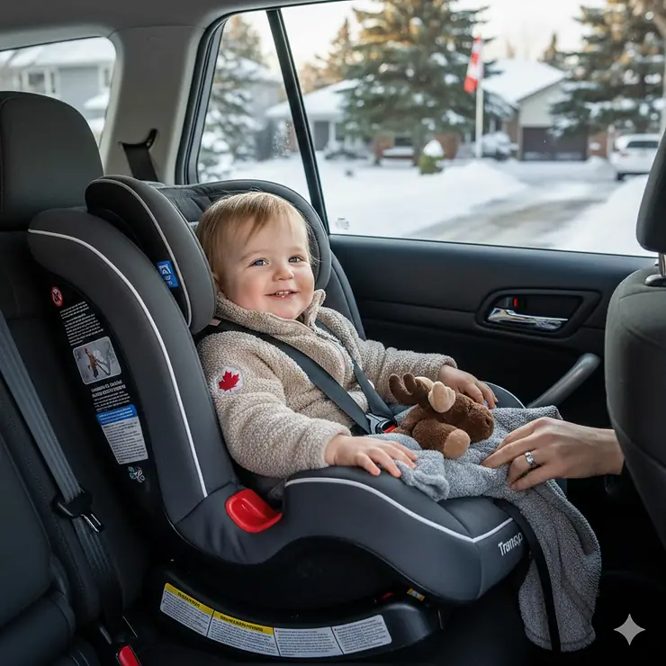 Toddler securely buckled in a 3-in-1 car seat in a vehicle parked during a Canadian winter, meeting Transport Canada safety standards.