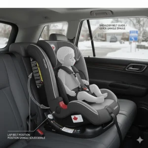 A high-back booster seat properly positioned for an older child, meeting provincial safety regulations across Canada.