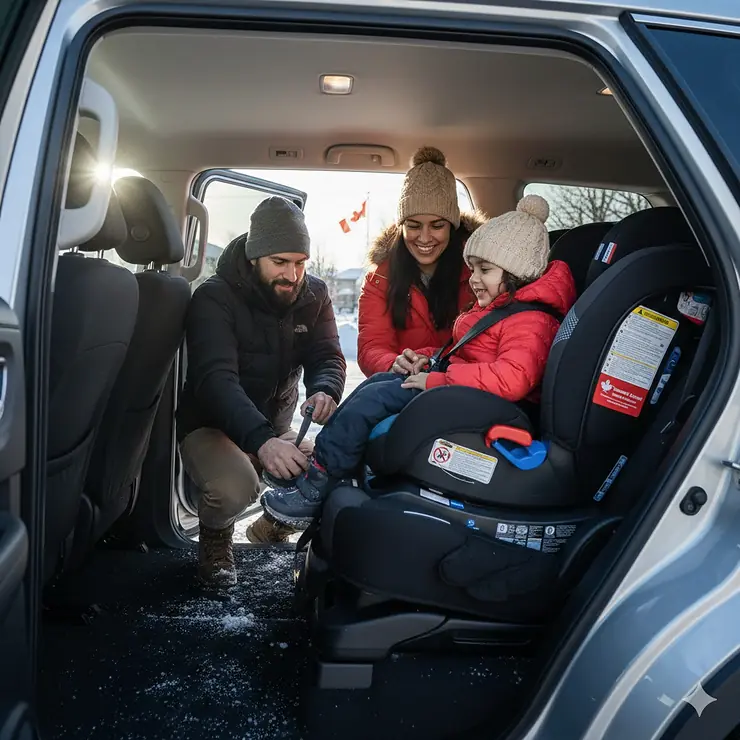 A Canadian family installing one of the best car seats in a modern SUV, featuring the National Safety Mark sticker required for use in Canada.