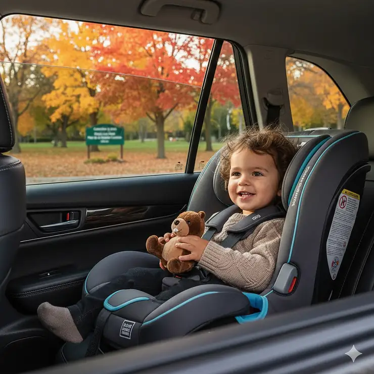 A toddler strapped into a top-rated convertible car seat in a vehicle parked near a Canadian park during autumn.