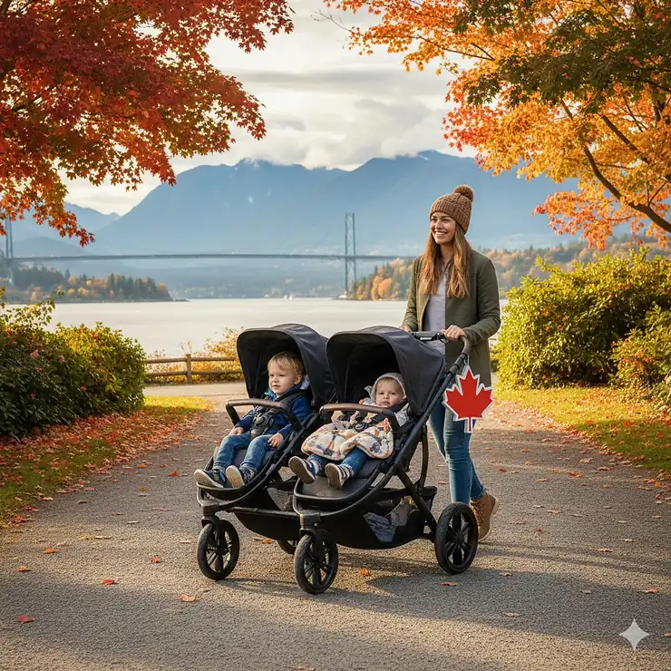 A premium double stroller for toddlers being pushed through a scenic Canadian city park during autumn.