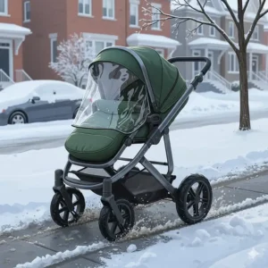 A robust full-size stroller with large wheels designed for navigating Canadian snow and slushy sidewalks.