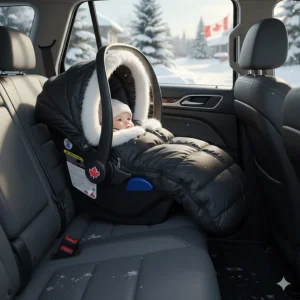 A rear-facing infant car seat with a winter bunting bag, highlighting top-rated options for Canadian winters.