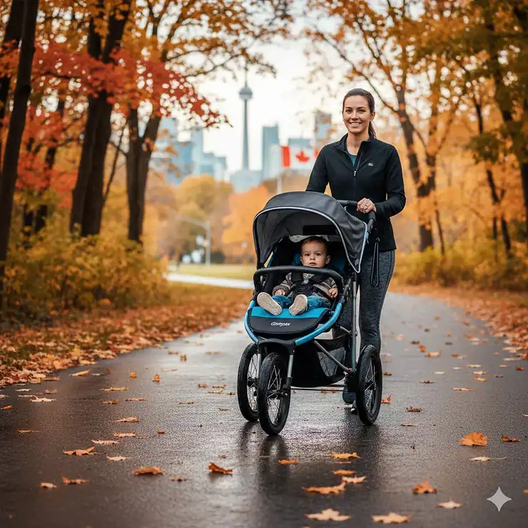A parent using a high-performance jogging stroller on a paved trail in a scenic Canadian city park during autumn.