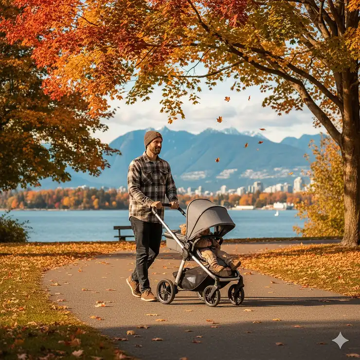 A parent maneuvers a compact lightweight stroller through a paved park path with colorful Canadian maple leaves in the background.