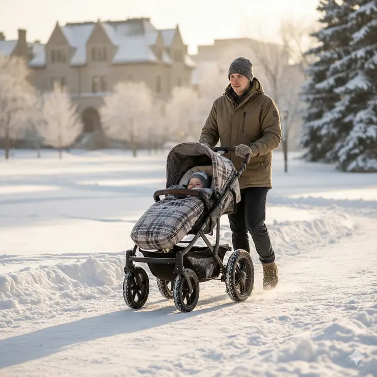 A parent pushing an all-terrain stroller through fresh snow in a Canadian park, featuring large air-filled wheels and a cozy bunting bag.