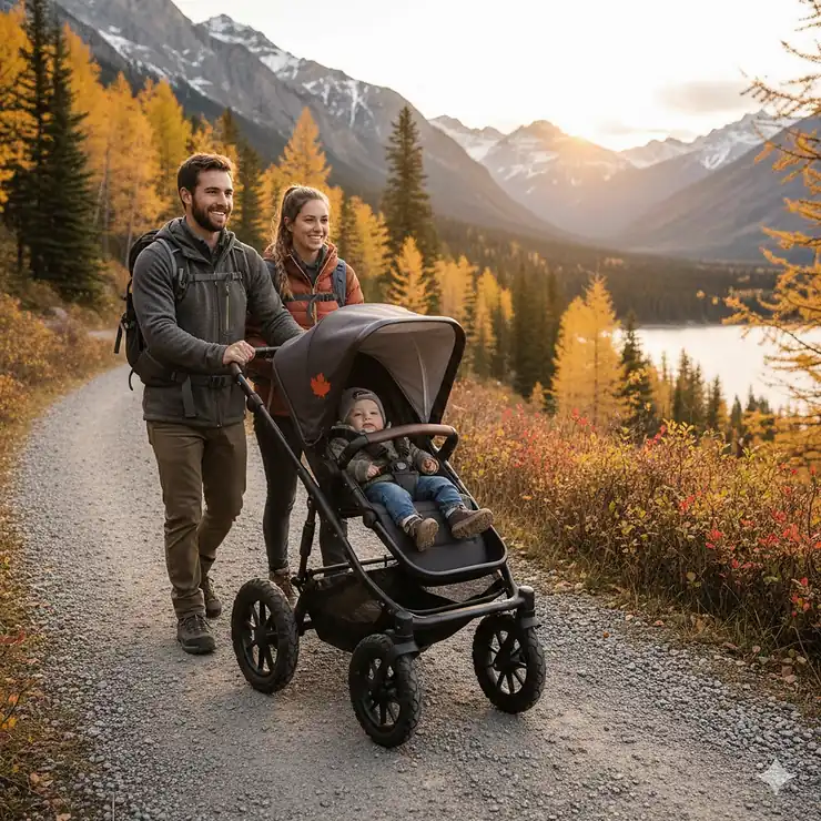 A parent pushing a high-end all-terrain stroller for gravel paths on a scenic trail in the Canadian Rockies during autumn.