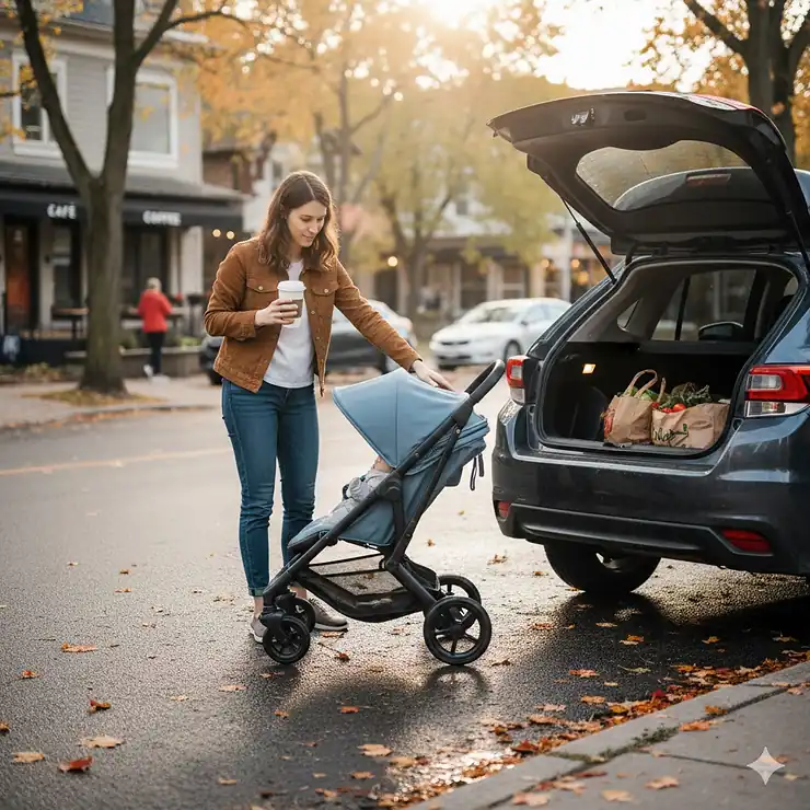 A Canadian parent loading a compact foldable stroller into the trunk of a small hatchback parked on a street in Toronto.
