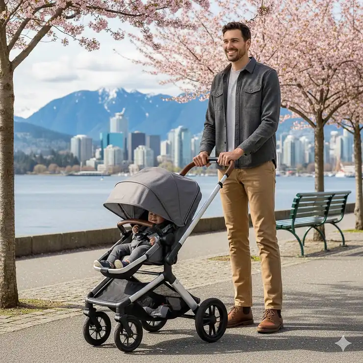 A tall father comfortably pushing a premium stroller along a scenic Vancouver waterfront path without hunching.