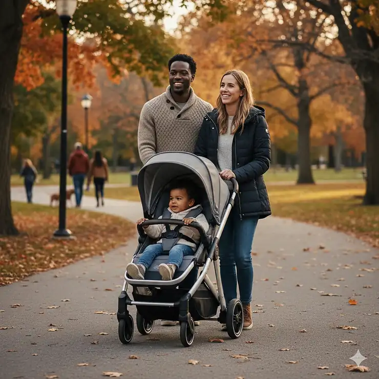 A young family pushing a high-quality, stylish stroller under 500 dollars through a scenic Canadian park like High Park during a crisp autumn day.