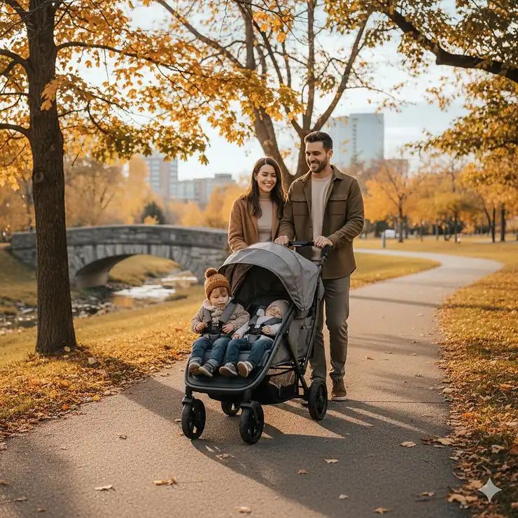 A Canadian family using a versatile stroller wagon on a paved trail in a lush city park during autumn.