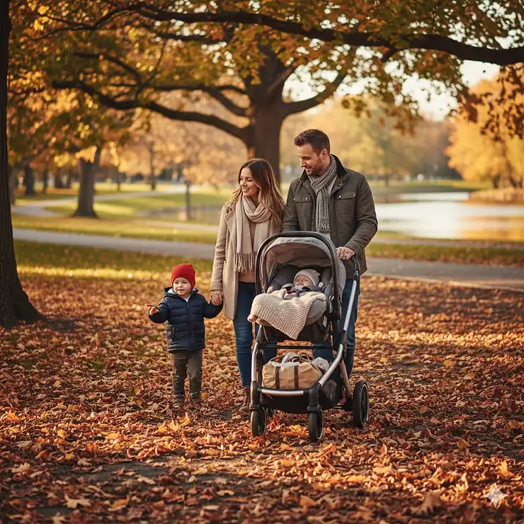 A Canadian family using a versatile travel system stroller during a walk in a leaf-filled park in Toronto.