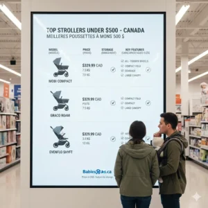 A detailed comparison chart showcasing features of the best strollers under 500 dollars in Canada, including popular 2026 models from Graco, Chicco, and Joie.