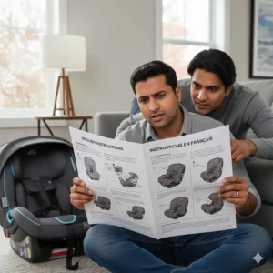 A Canadian parent reviewing a convertible car seat manual featuring both English and French instructions.