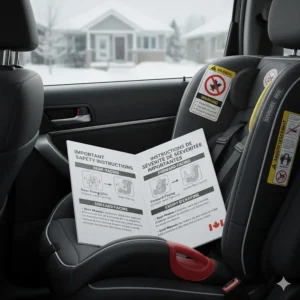 Illustration of car seat safety manuals and warning labels in both English and French (Français) for the Canadian market.