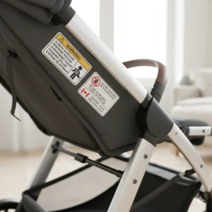 Infographic highlighting stroller safety labels and instructions in English and French (EN/FR) for Canadian compliance.