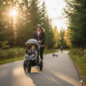 An ergonomic jogging stroller under 500 dollars featuring air-filled tires and a front-wheel lock, perfect for active parents on Canadian recreational trails.
