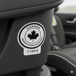 Close-up illustration of the National Safety Mark (NSM) sticker required for 3-in-1 car seats sold in Canada.