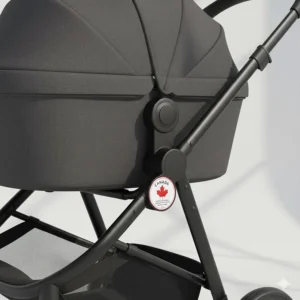 Illustration of a stroller featuring the Canadian safety standards symbol, emphasizing reliability for local buyers.