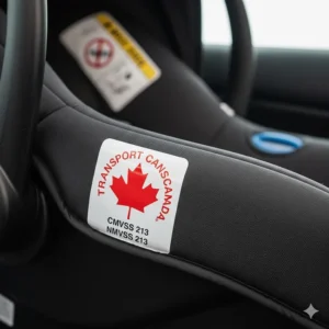 Close-up of the official Transport Canada National Safety Mark maple leaf sticker on a black infant car seat.