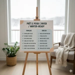 An infographic checklist of stroller accessories for winter featuring English and French labels for the Canadian market.