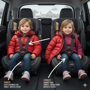 Diagram showing how to properly tighten a car seat harness without bulky coats to ensure maximum safety in cold climates.