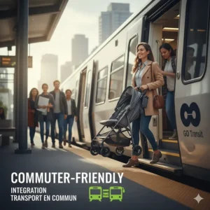 A lightweight stroller being carried onto a Canadian commuter train, highlighting its portability for urban parents.