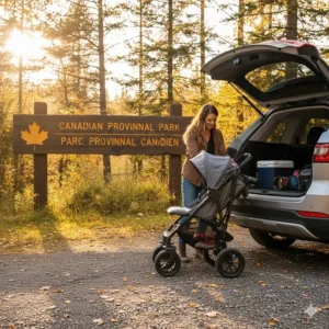 An illustration of a compact-folding stroller being tucked into the trunk of an SUV for a weekend trip to a Canadian provincial park.