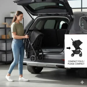 Diagram showing how a lightweight double stroller folds compactly to fit into a trunk.