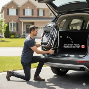 A tall-frame stroller folded compactly to easily fit into the trunk of a family SUV in a Canadian suburban driveway.
