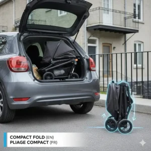 Illustration of a travel system folded compactly to fit in a small car trunk or urban Canadian apartment.